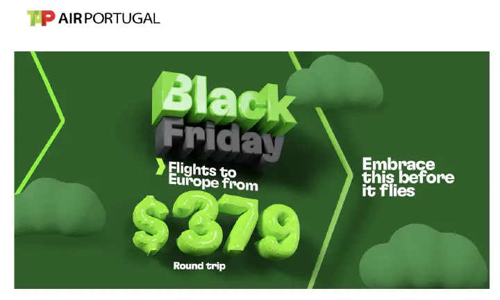 A screenshot of TAP Air Portugal email to promote its Black Friday sale.