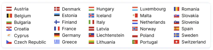 ETIAS Visa. List of European countries in the Schengen area.