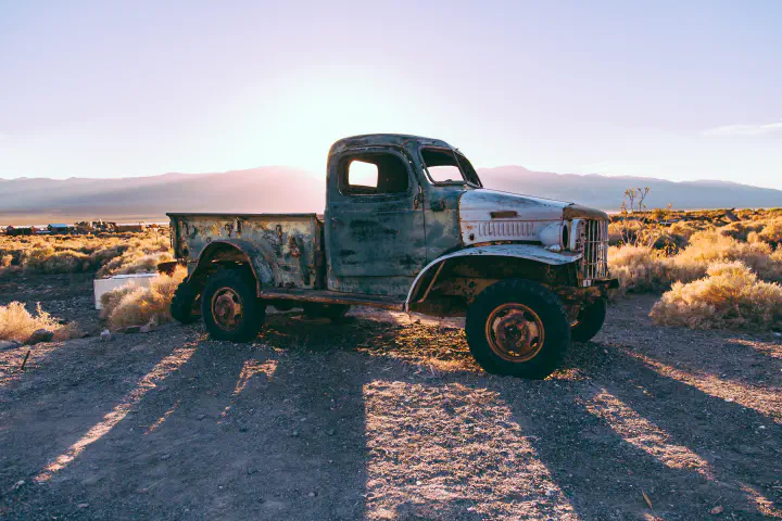 An abandoned old truck in Ballarat Ghost Town, California.