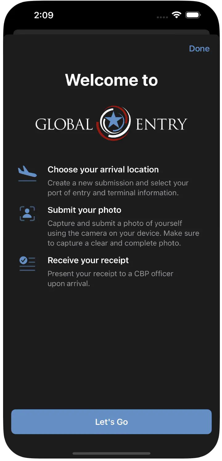 Screenshot of the new Global Entry app.