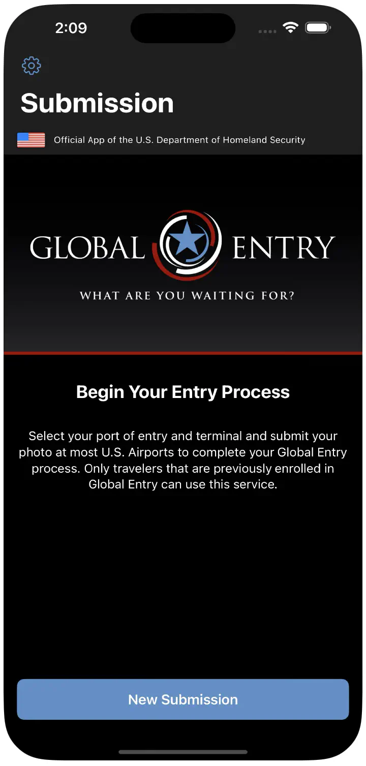 Screenshot of the new Global Entry app.
