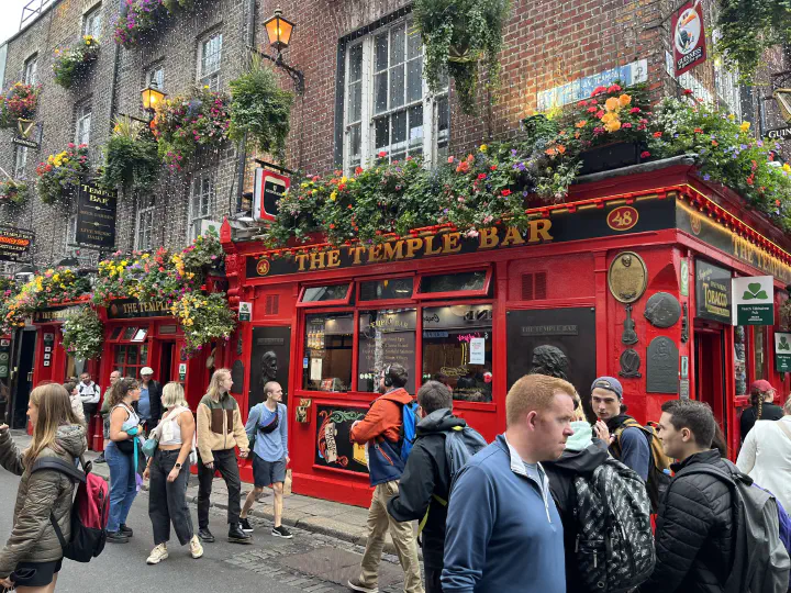 People walking in front of The Temple Bar, in Dublin, Ireland.