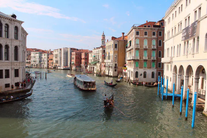 Overview of gondolas and buildings in Venice, Italy.
