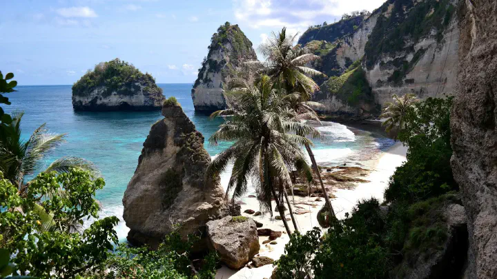 Beach, rocks, palm trees in Bali.