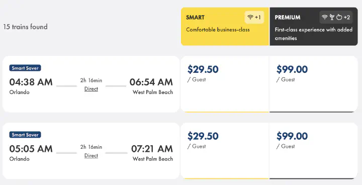 A screenshot of Brightline fares from Orlando to West Palm Beach.