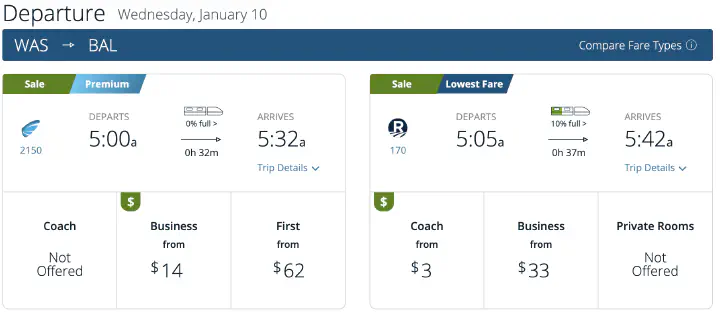 A screenshot of Amtrak fares from Washington, DC, to Baltimore.